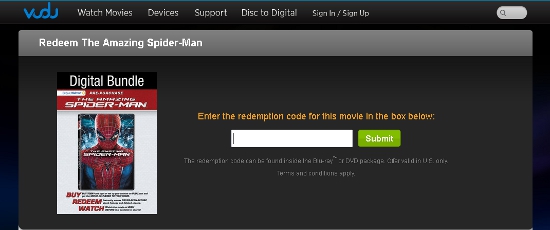 Entering my pre-purchase code on Vudu