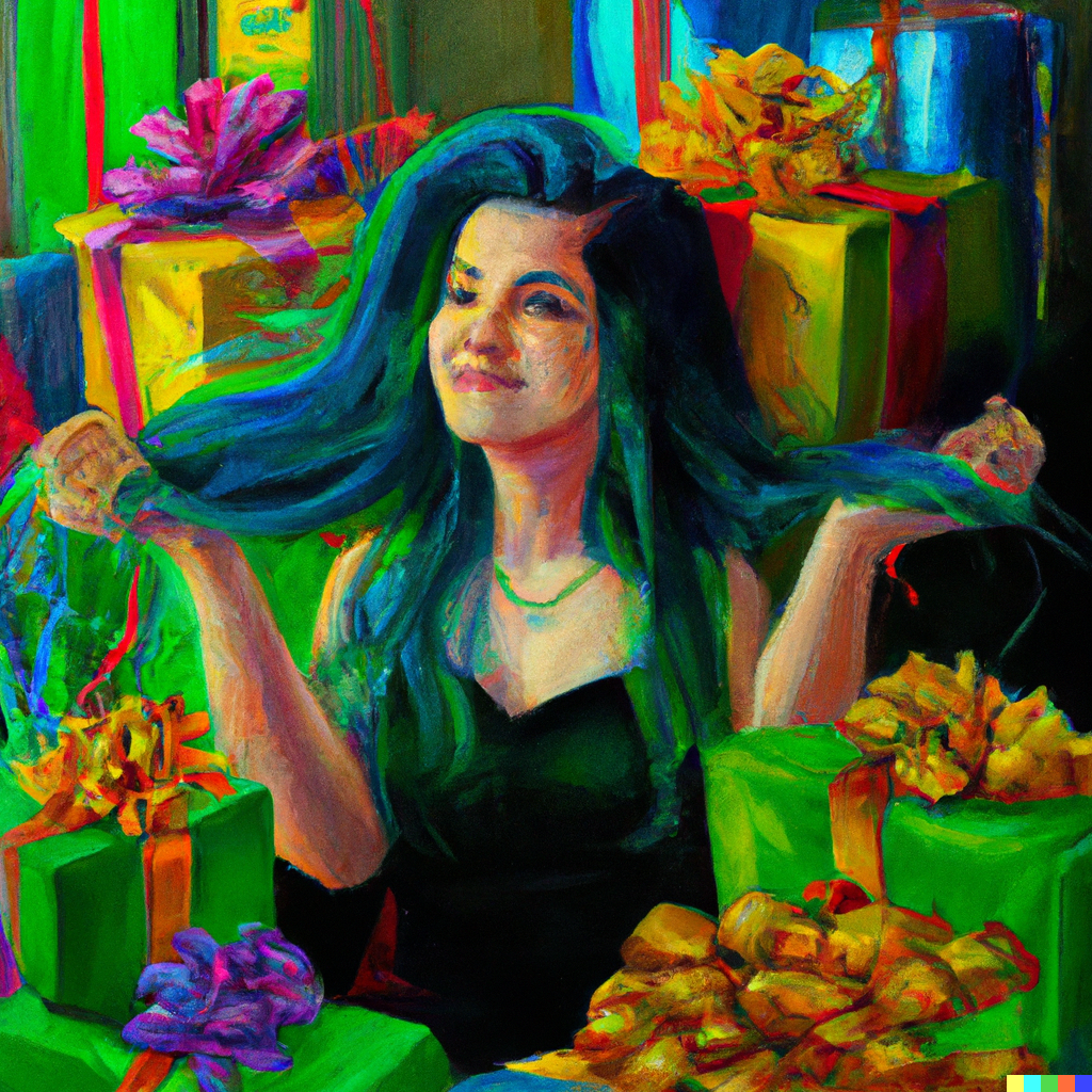 "A realistic oil painting of a woman with green hair who is surrounded with gifts and prizes that she won through entering sweepstakes, contests and giveaways."