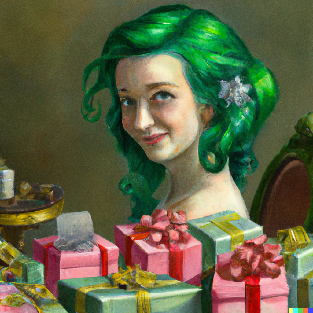 “A classical oil painting of a woman with green hair who is surrounded with gifts, money and prizes that she won through entering sweepstakes, contests and giveaways.”