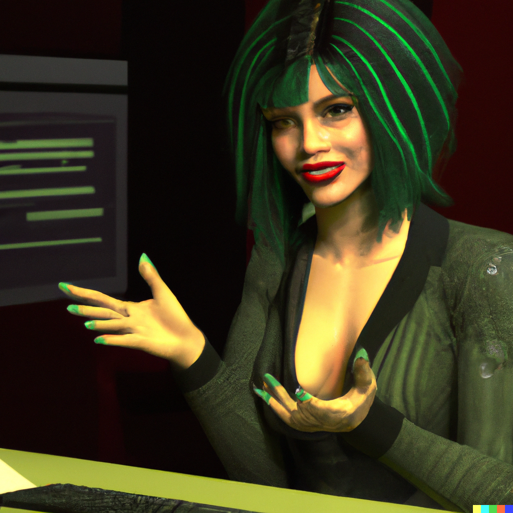 “A striking digital art 3D render painting depicting a female journalist using a computer to conduct an interview with Chat GPT. She has long, curled green hair with bangs and is wearing bright red lipstick and eyeliner. She has a round, smiling face. She is wearing a suit jacket that is a muted brown color highlighted with shimmery, sparkling stripes. The computer she is using is visible.”