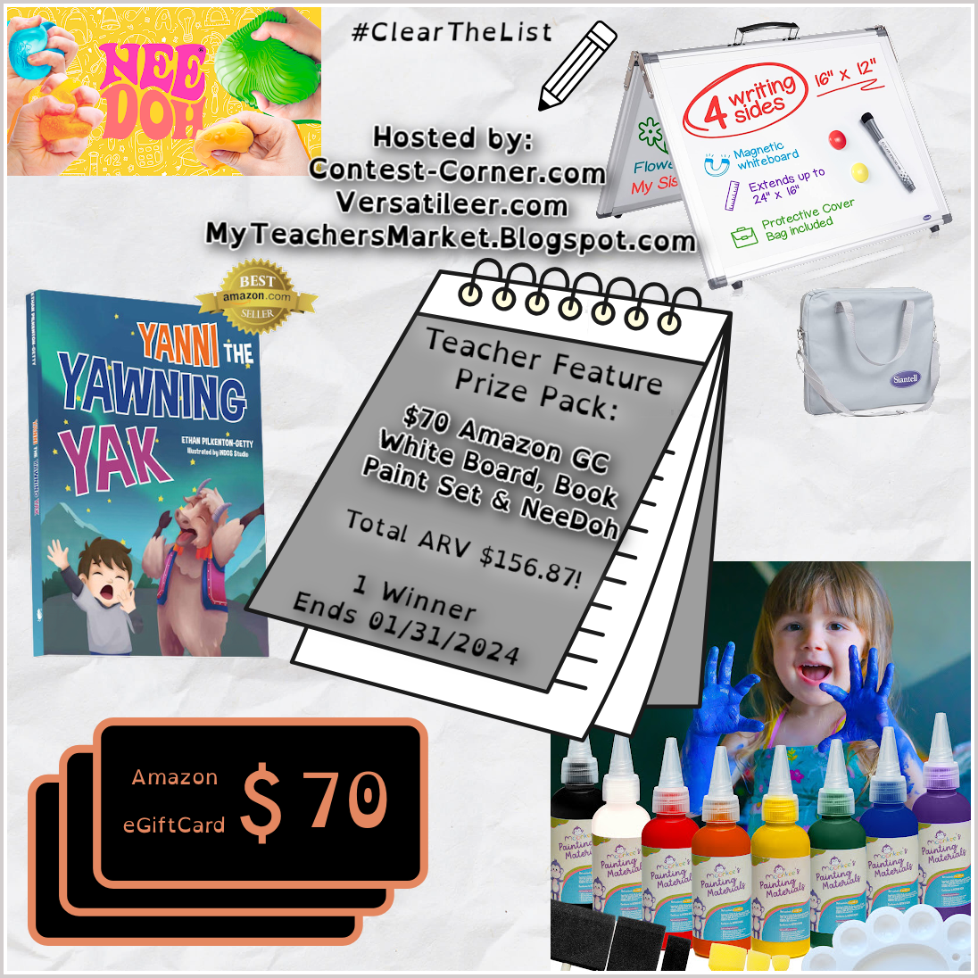 January #ClearTheList Giveaway: $70 Amazon, White Board, Paint Set, Book + NeeDoh – Prize Pack ARV $156.87! Ends 01/31/2024